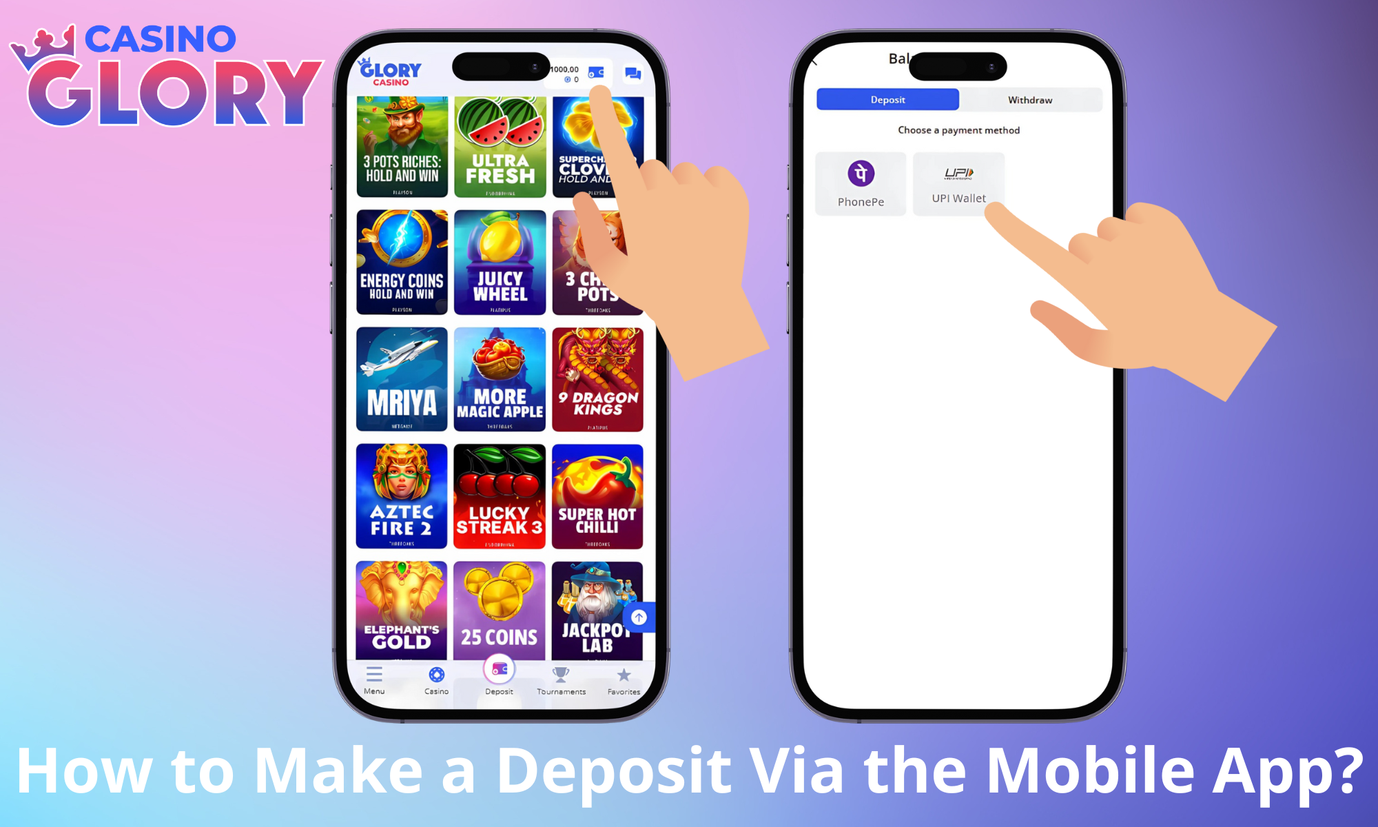 Step-by-step instructions on how to make a deposit through the app