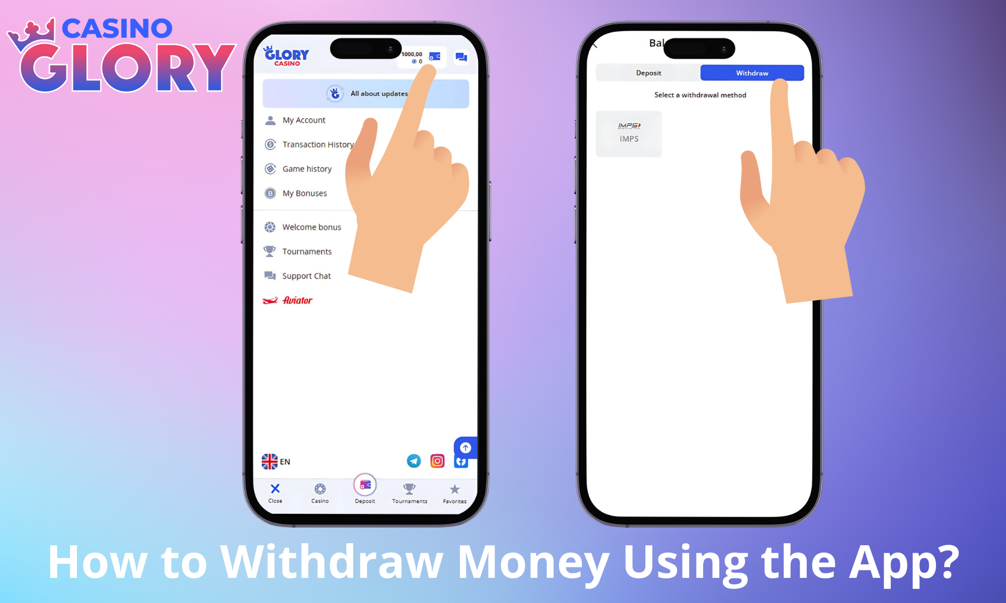 The process of withdrawing winnings from the Glory Casino app