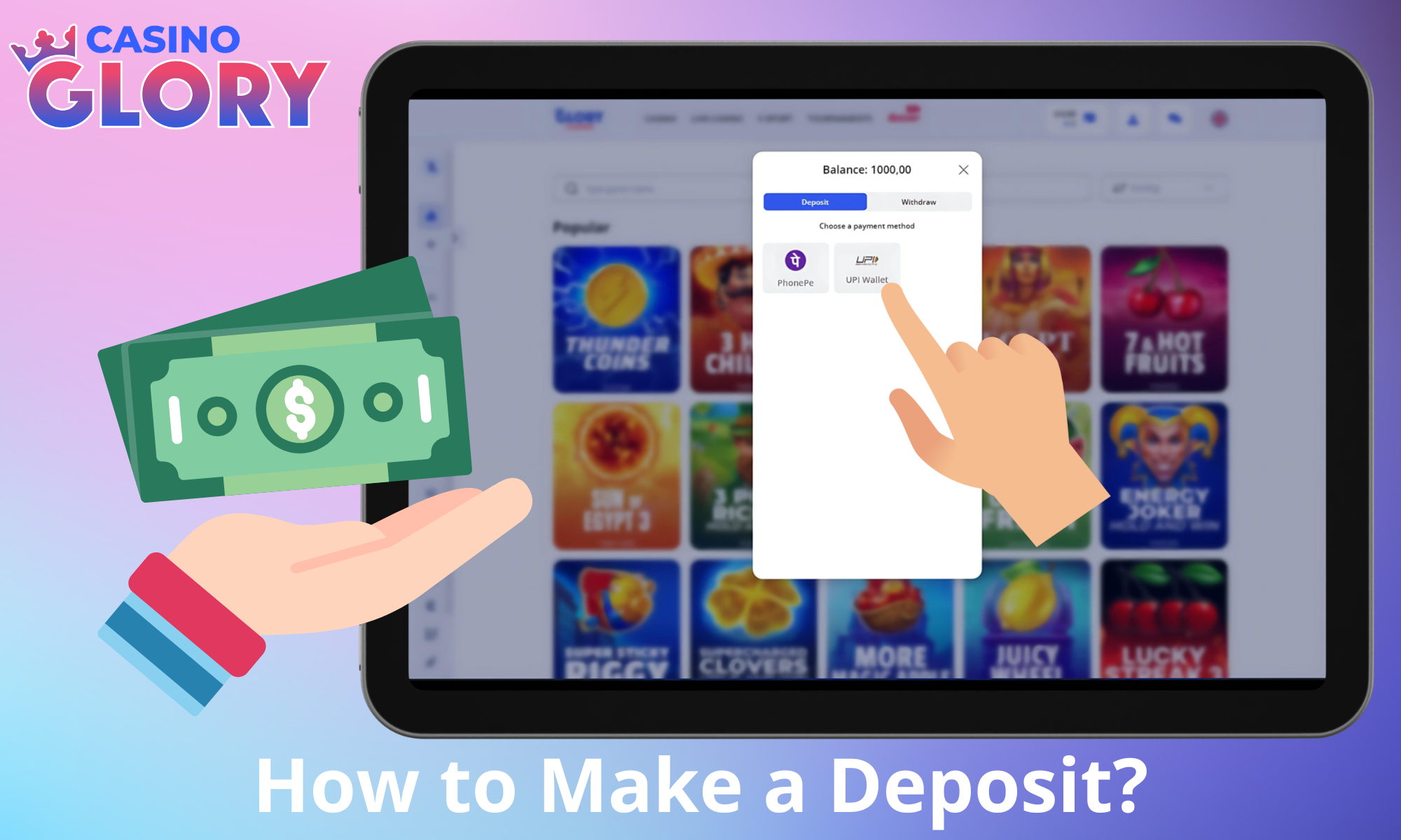 Step-by-step instructions on how to deposit money into your account at Glory Casino