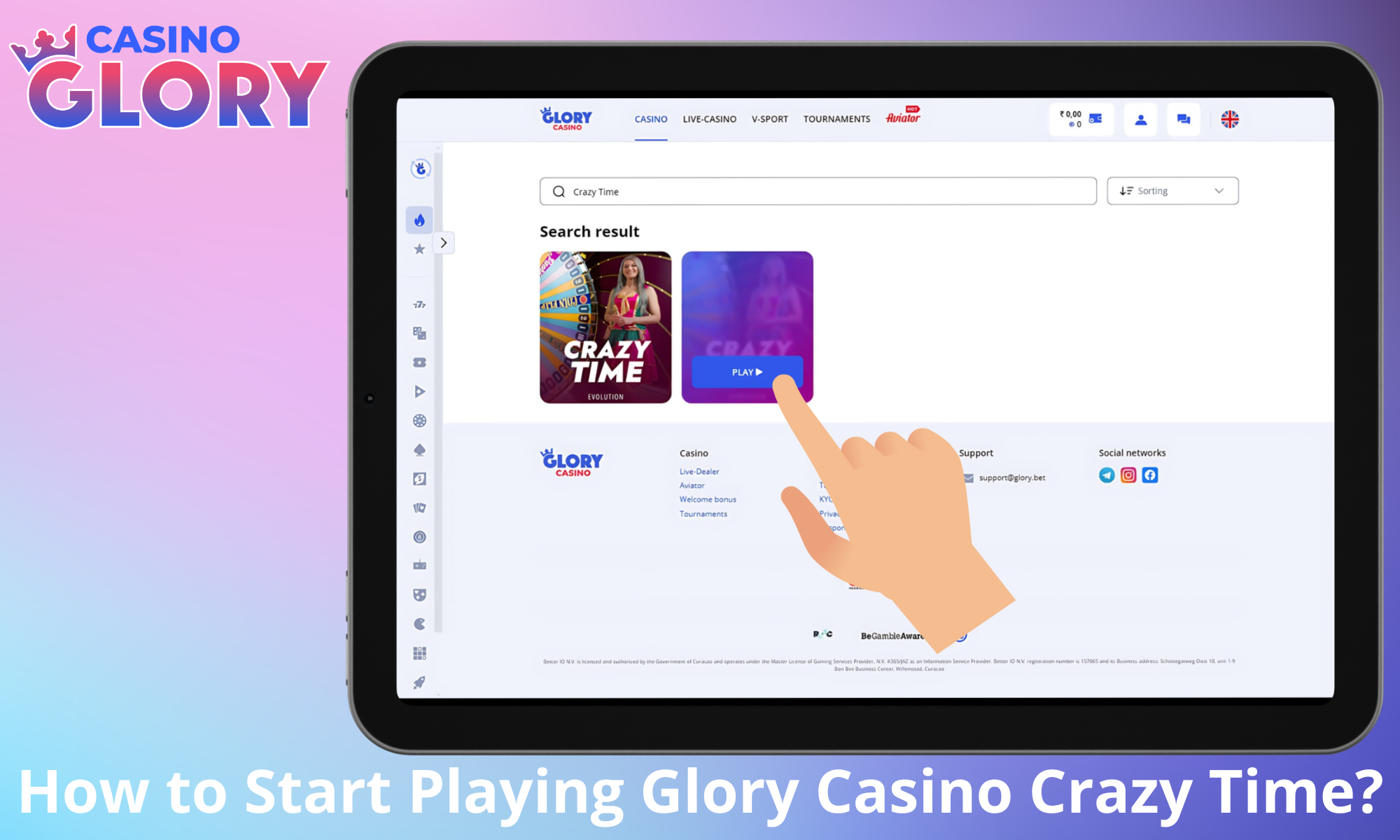 Step-by-step instructions on how to start playing Crazy Time at Glory Casino