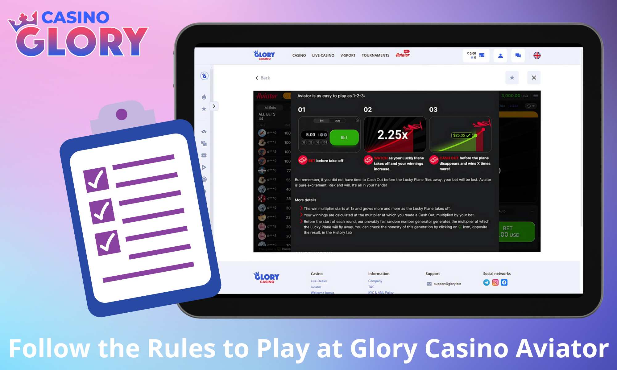 Oyunun temel kuralları Glory Casino Aviator'dır.