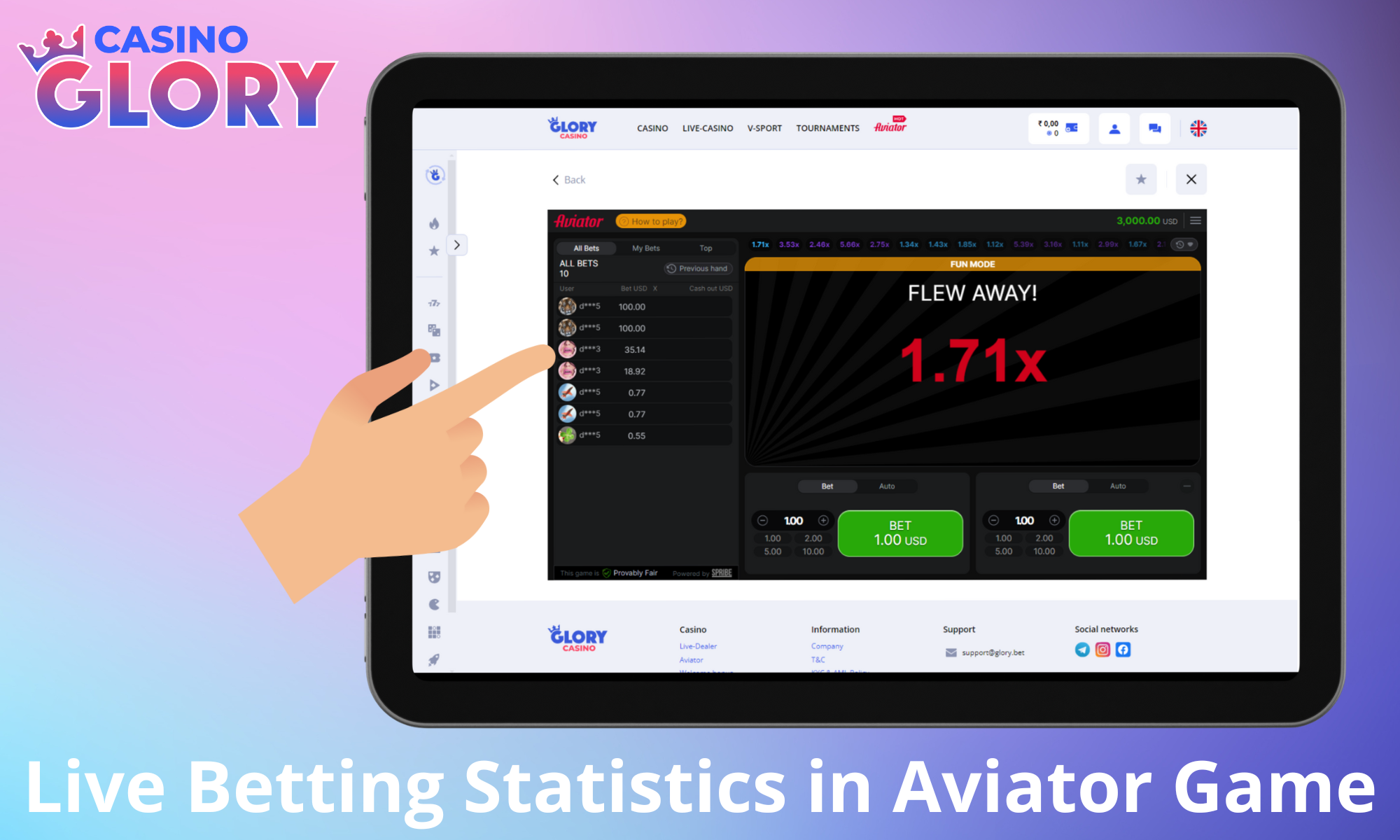 Glory Casino Aviator'da canlı bahis istatistikleri